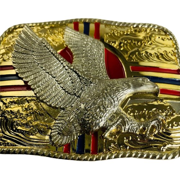 Large Eagle Gold Red Blue Strip Metal Belt Belt Buckle Patriotic u Red Gold - Picture 2 of 3